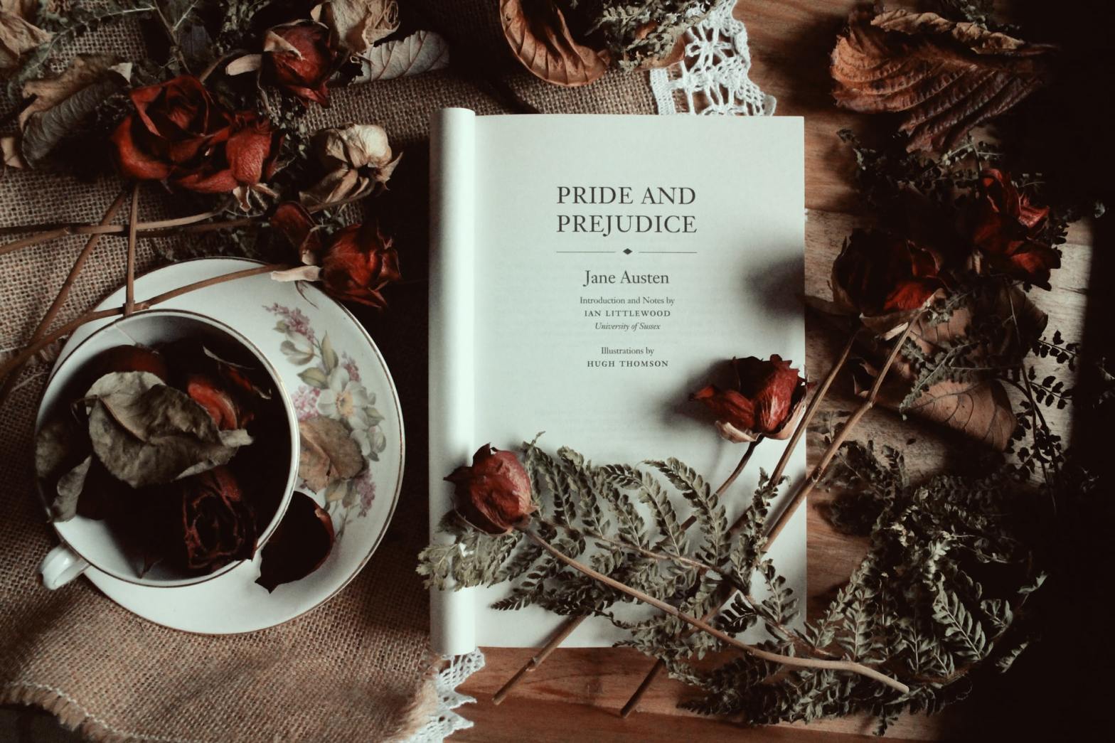 Pride and Prejudice book surrounded by flowers